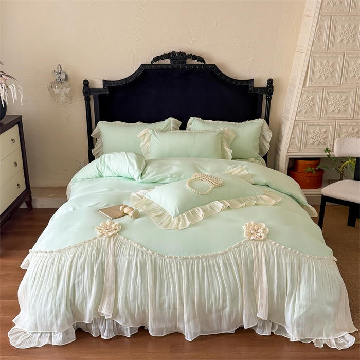 91家纺网 家纺一手货源 找家纺 富盛家纺 2026新款水洗亲肤棉雪纺蕾丝法式床裙韩版四件套 自由女神—绿