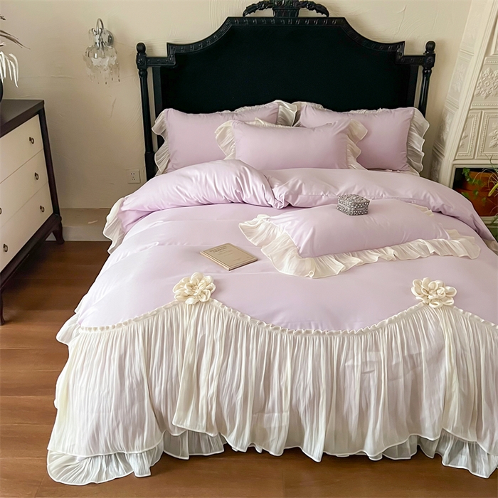 91家纺网 家纺一手货源 找家纺 富盛家纺 2026新款水洗亲肤棉雪纺蕾丝法式床裙韩版四件套 自由女神—紫