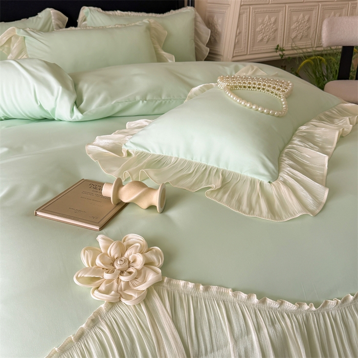 91家纺网 家纺一手货源 找家纺 富盛家纺 2026新款水洗亲肤棉雪纺蕾丝法式床裙韩版四件套 自由女神—绿