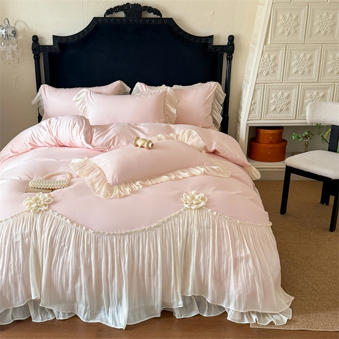 91家纺网 家纺一手货源 找家纺 （总）富盛家纺 2026新款水洗亲肤棉雪纺蕾丝法式床裙韩版四件套