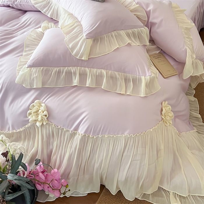 91家纺网 家纺一手货源 找家纺 富盛家纺 2026新款水洗亲肤棉雪纺蕾丝法式床裙韩版四件套 自由女神—紫