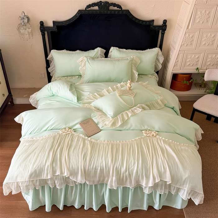 91家纺网 家纺一手货源 找家纺 富盛家纺 2026新款水洗亲肤棉雪纺蕾丝法式床裙韩版四件套 自由女神—绿