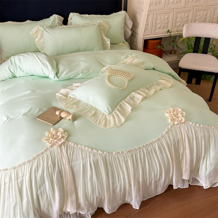 91家纺网 家纺一手货源 找家纺 富盛家纺 2026新款水洗亲肤棉雪纺蕾丝法式床裙韩版四件套 自由女神—绿