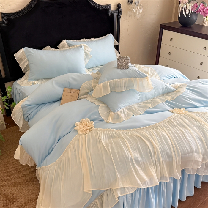 91家纺网 家纺一手货源 找家纺 （总）富盛家纺 2026新款水洗亲肤棉雪纺蕾丝法式床裙韩版四件套