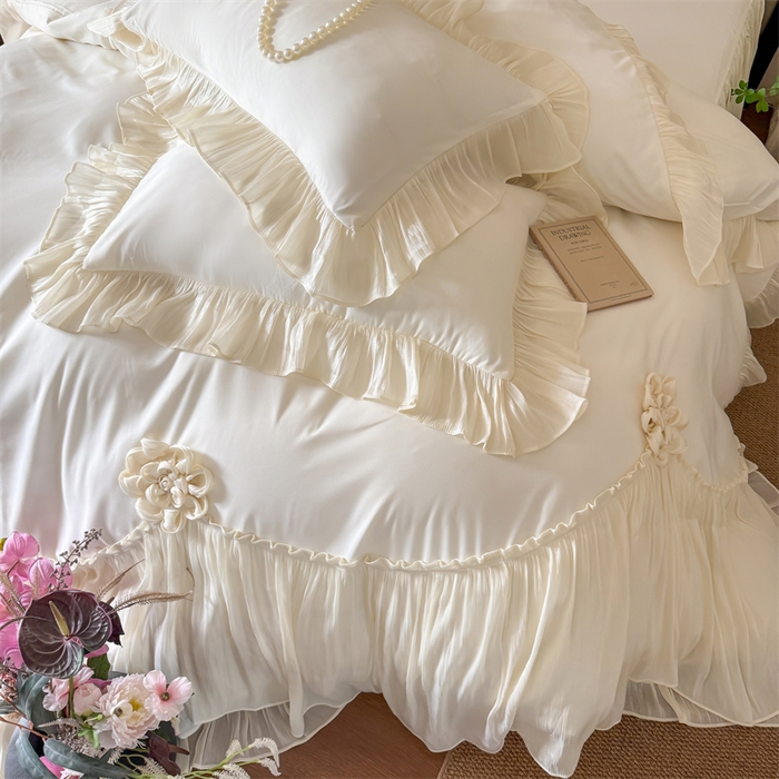 91家纺网 家纺一手货源 找家纺 富盛家纺 2026新款水洗亲肤棉雪纺蕾丝法式床裙韩版四件套 自由女神—白