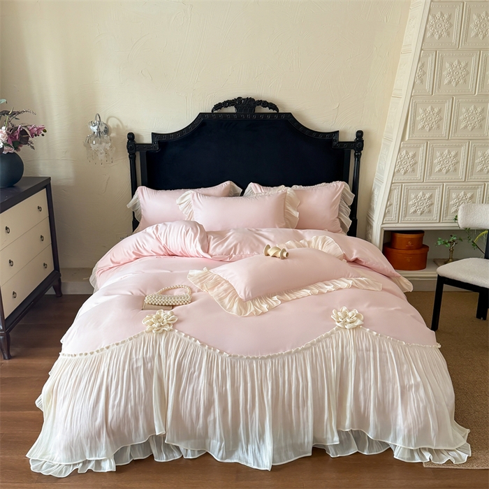 91家纺网 家纺一手货源 找家纺 （总）富盛家纺 2026新款水洗亲肤棉雪纺蕾丝法式床裙韩版四件套