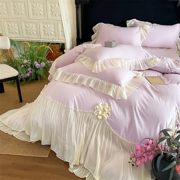 91家纺网 家纺一手货源 找家纺 富盛家纺 2026新款水洗亲肤棉雪纺蕾丝法式床裙韩版四件套 自由女神—紫