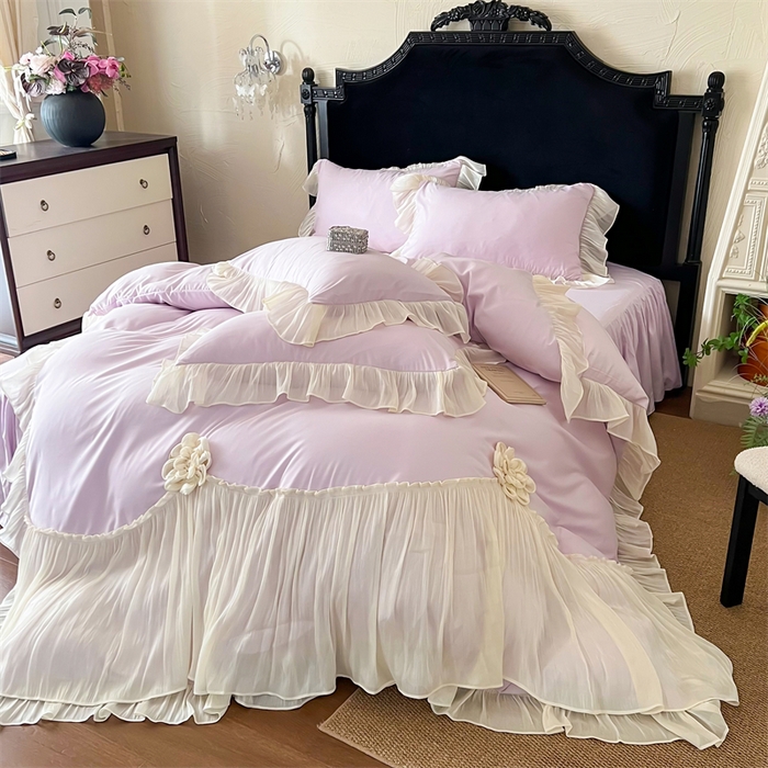 91家纺网 家纺一手货源 找家纺 富盛家纺 2026新款水洗亲肤棉雪纺蕾丝法式床裙韩版四件套 自由女神—紫