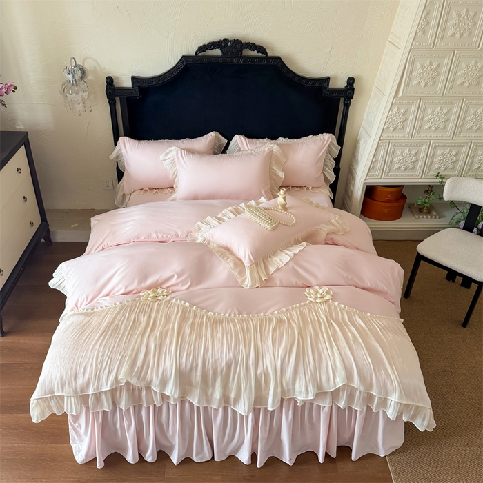 91家纺网 家纺一手货源 找家纺 （总）富盛家纺 2026新款水洗亲肤棉雪纺蕾丝法式床裙韩版四件套