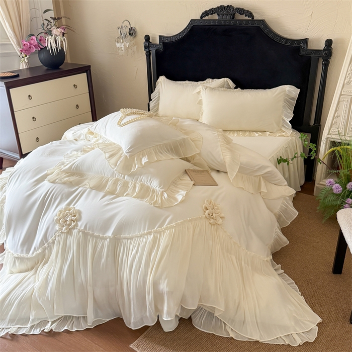 91家纺网 家纺一手货源 找家纺 富盛家纺 2026新款水洗亲肤棉雪纺蕾丝法式床裙韩版四件套 自由女神—白