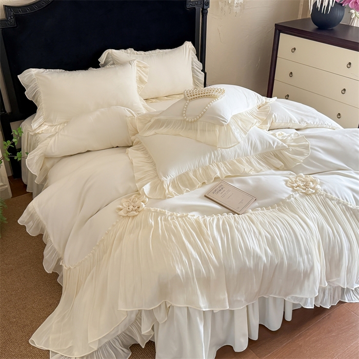 富盛家纺 2026新款水洗亲肤棉雪纺蕾丝法式床裙韩版四件套 自由女神—白