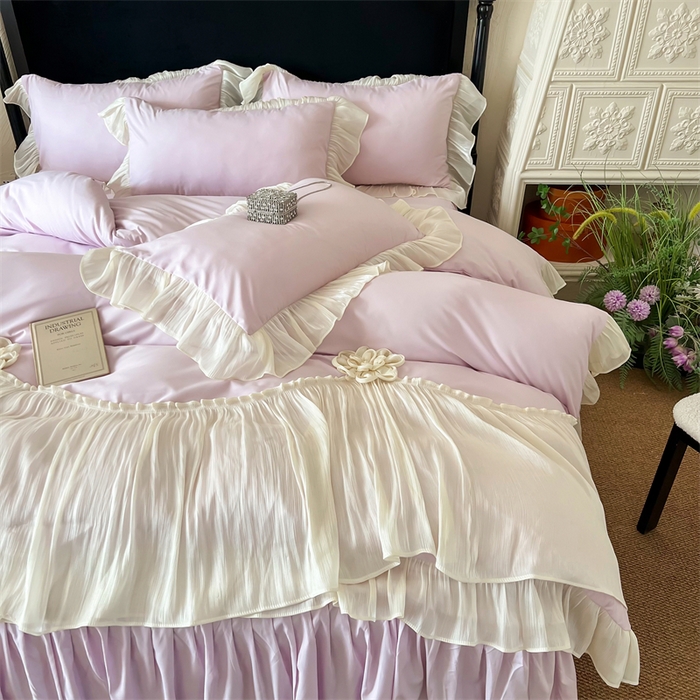 91家纺网 家纺一手货源 找家纺 富盛家纺 2026新款水洗亲肤棉雪纺蕾丝法式床裙韩版四件套 自由女神—紫