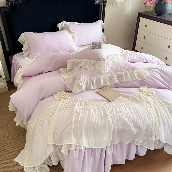 富盛家纺 2026新款水洗亲肤棉雪纺蕾丝法式床裙韩版四件套 自由女神—紫