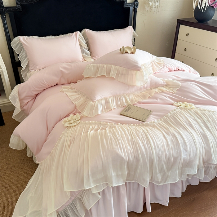 富盛家纺 2026新款水洗亲肤棉雪纺蕾丝法式床裙韩版四件套 自由女神—粉