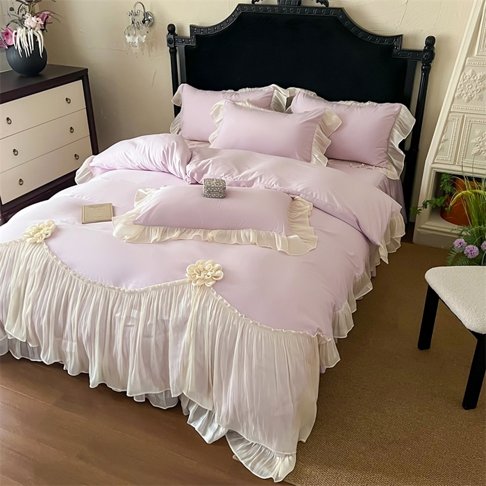 91家纺网 家纺一手货源 找家纺 富盛家纺 2026新款水洗亲肤棉雪纺蕾丝法式床裙韩版四件套 自由女神—紫