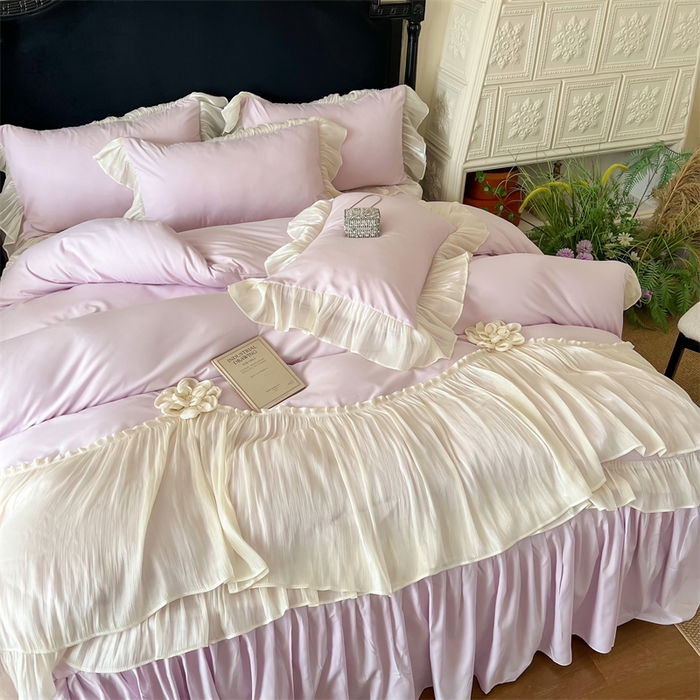 91家纺网 家纺一手货源 找家纺 富盛家纺 2026新款水洗亲肤棉雪纺蕾丝法式床裙韩版四件套 自由女神—紫