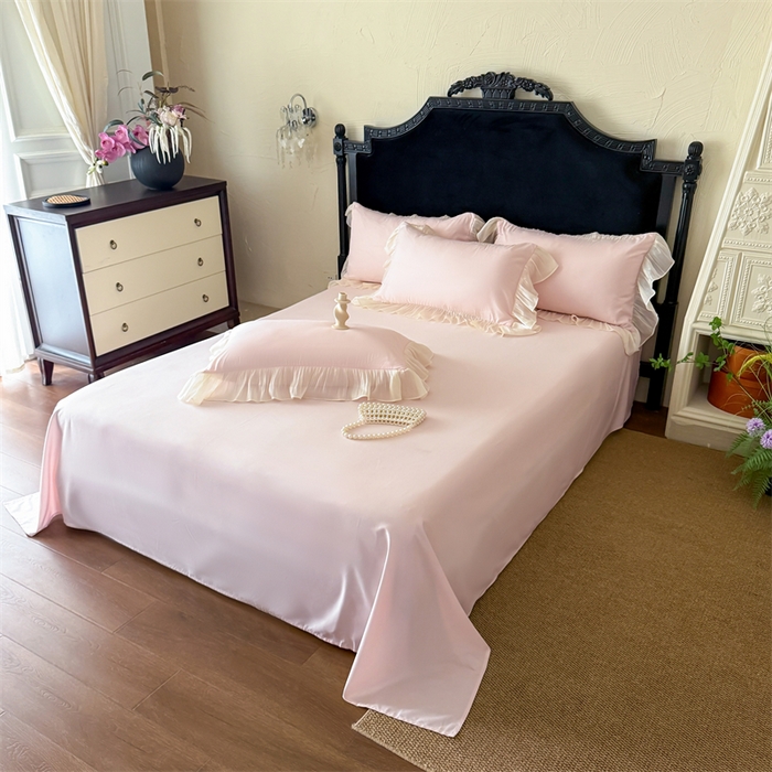 91家纺网 家纺一手货源 找家纺 富盛家纺 2026新款水洗亲肤棉雪纺蕾丝法式床裙韩版四件套 自由女神—粉