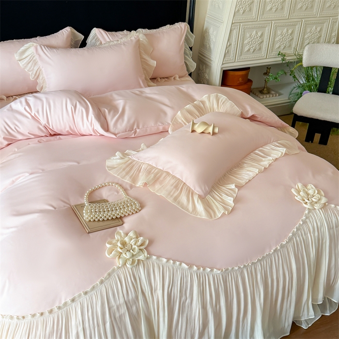 91家纺网 家纺一手货源 找家纺 富盛家纺 2026新款水洗亲肤棉雪纺蕾丝法式床裙韩版四件套 自由女神—粉