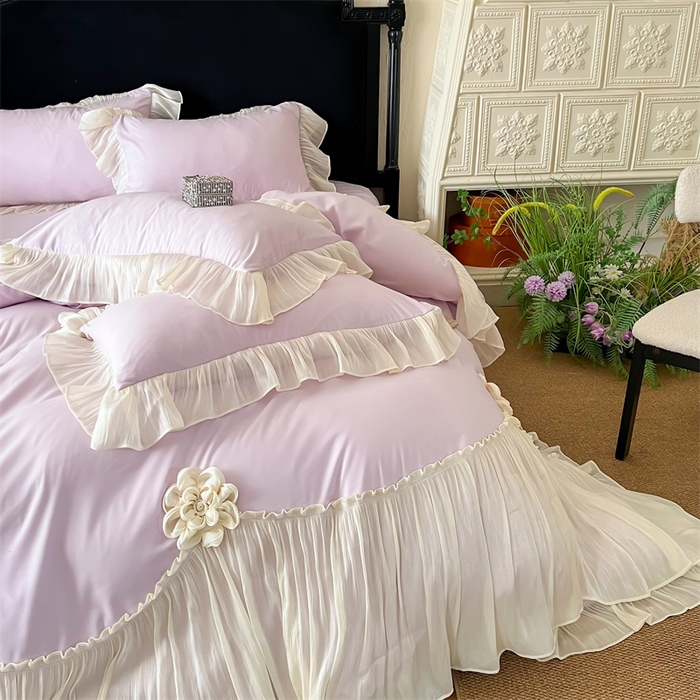 91家纺网 家纺一手货源 找家纺 富盛家纺 2026新款水洗亲肤棉雪纺蕾丝法式床裙韩版四件套 自由女神—紫