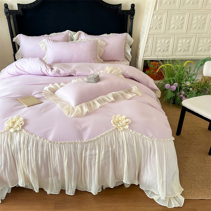 91家纺网 家纺一手货源 找家纺 富盛家纺 2026新款水洗亲肤棉雪纺蕾丝法式床裙韩版四件套 自由女神—紫