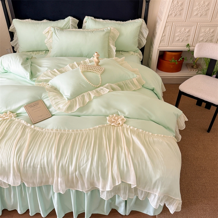 91家纺网 家纺一手货源 找家纺 富盛家纺 2026新款水洗亲肤棉雪纺蕾丝法式床裙韩版四件套 自由女神—绿