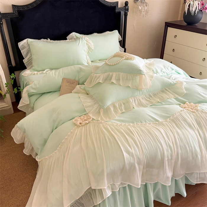 91家纺网 家纺一手货源 找家纺 （总）富盛家纺 2026新款水洗亲肤棉雪纺蕾丝法式床裙韩版四件套