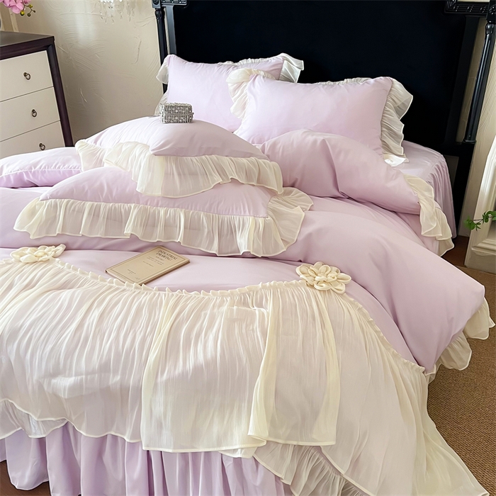 91家纺网 家纺一手货源 找家纺 富盛家纺 2026新款水洗亲肤棉雪纺蕾丝法式床裙韩版四件套 自由女神—紫