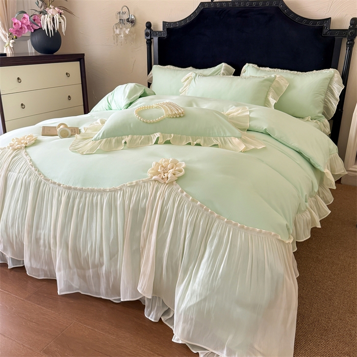 91家纺网 家纺一手货源 找家纺 富盛家纺 2026新款水洗亲肤棉雪纺蕾丝法式床裙韩版四件套 自由女神—绿