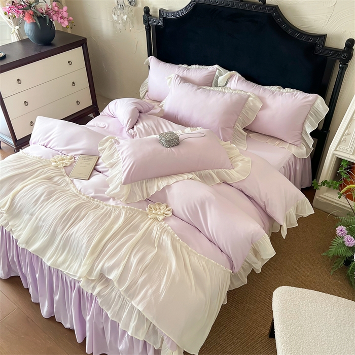 91家纺网 家纺一手货源 找家纺 富盛家纺 2026新款水洗亲肤棉雪纺蕾丝法式床裙韩版四件套 自由女神—紫