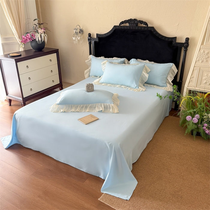 91家纺网 家纺一手货源 找家纺 富盛家纺 2026新款水洗亲肤棉雪纺蕾丝法式床裙韩版四件套 自由女神—蓝