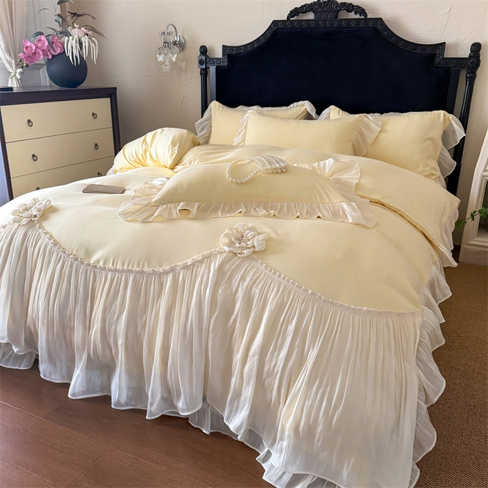 91家纺网 家纺一手货源 找家纺 富盛家纺 2026新款水洗亲肤棉雪纺蕾丝法式床裙韩版四件套 自由女神—黄