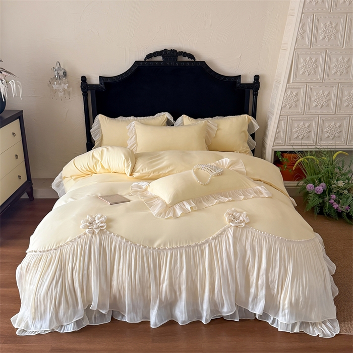 91家纺网 家纺一手货源 找家纺 富盛家纺 2026新款水洗亲肤棉雪纺蕾丝法式床裙韩版四件套 自由女神—黄