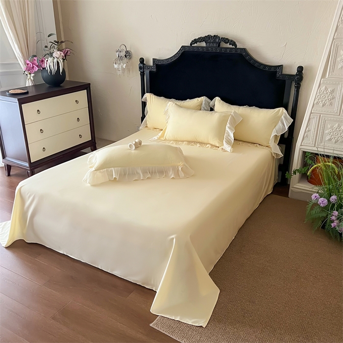 91家纺网 家纺一手货源 找家纺 富盛家纺 2026新款水洗亲肤棉雪纺蕾丝法式床裙韩版四件套 自由女神—黄