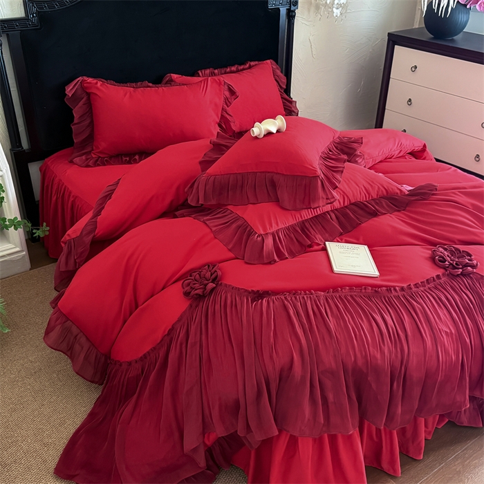 富盛家纺 2026新款水洗亲肤棉雪纺蕾丝法式床裙韩版四件套 自由女神—大红