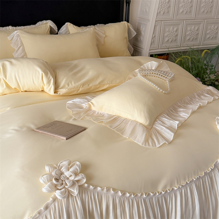 91家纺网 家纺一手货源 找家纺 富盛家纺 2026新款水洗亲肤棉雪纺蕾丝法式床裙韩版四件套 自由女神—黄