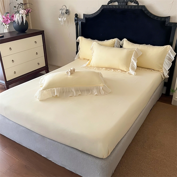 91家纺网 家纺一手货源 找家纺 富盛家纺 2026新款水洗亲肤棉雪纺蕾丝法式床裙韩版四件套 自由女神—黄