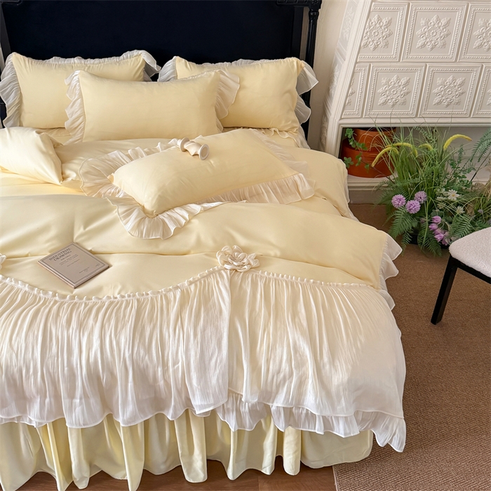 91家纺网 家纺一手货源 找家纺 富盛家纺 2026新款水洗亲肤棉雪纺蕾丝法式床裙韩版四件套 自由女神—黄