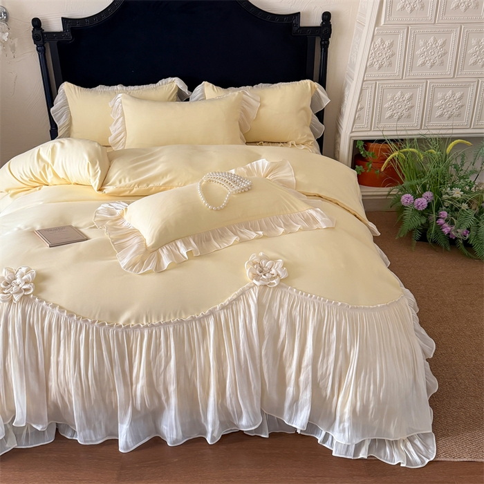 91家纺网 家纺一手货源 找家纺 富盛家纺 2026新款水洗亲肤棉雪纺蕾丝法式床裙韩版四件套 自由女神—黄