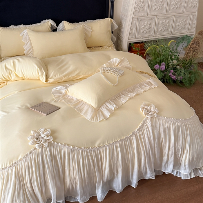 91家纺网 家纺一手货源 找家纺 富盛家纺 2026新款水洗亲肤棉雪纺蕾丝法式床裙韩版四件套 自由女神—黄