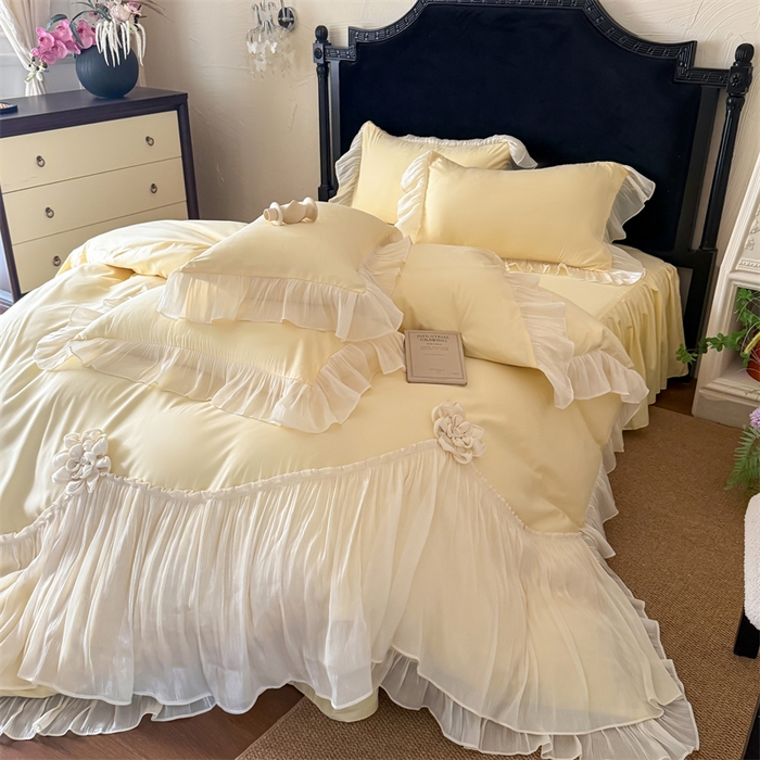 91家纺网 家纺一手货源 找家纺 富盛家纺 2026新款水洗亲肤棉雪纺蕾丝法式床裙韩版四件套 自由女神—黄