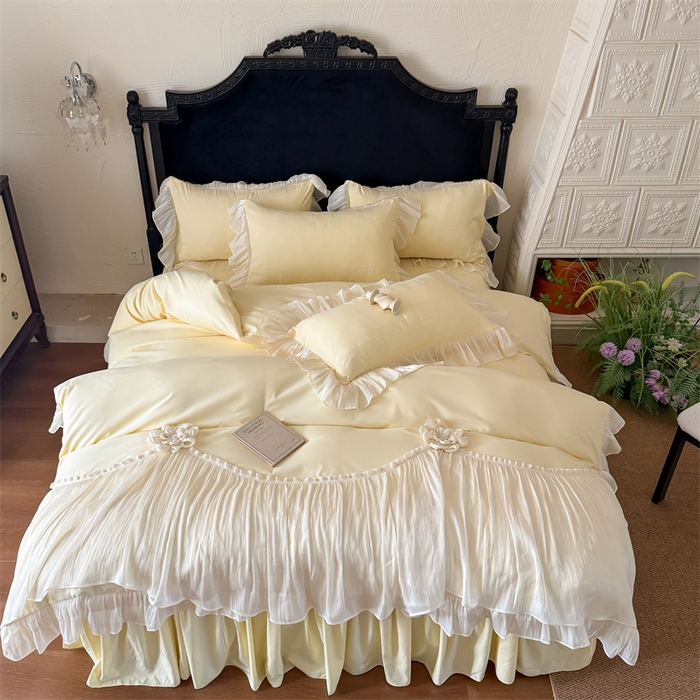 91家纺网 家纺一手货源 找家纺 富盛家纺 2026新款水洗亲肤棉雪纺蕾丝法式床裙韩版四件套 自由女神—黄