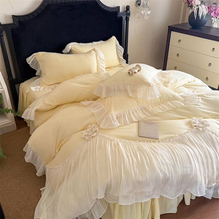 富盛家纺 2026新款水洗亲肤棉雪纺蕾丝法式床裙韩版四件套 自由女神—黄