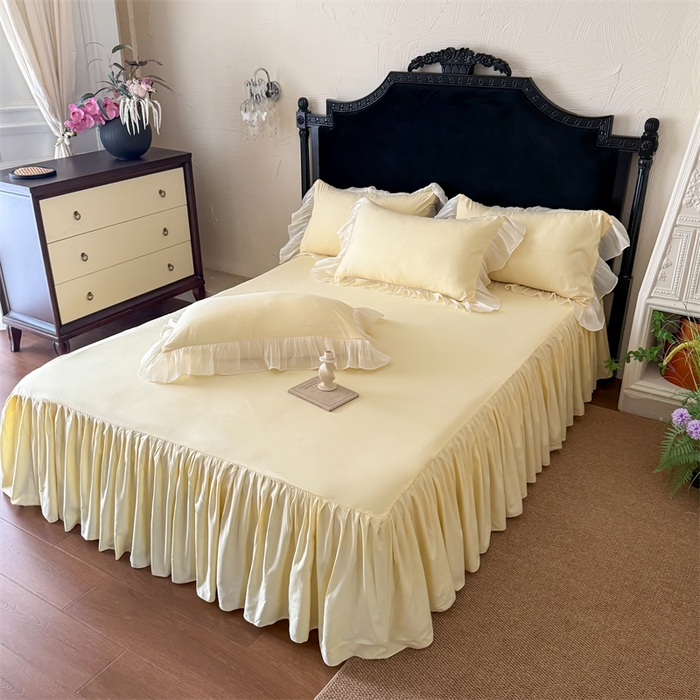 91家纺网 家纺一手货源 找家纺 富盛家纺 2026新款水洗亲肤棉雪纺蕾丝法式床裙韩版四件套 自由女神—黄