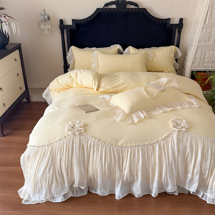 91家纺网 家纺一手货源 找家纺 富盛家纺 2026新款水洗亲肤棉雪纺蕾丝法式床裙韩版四件套 自由女神—黄