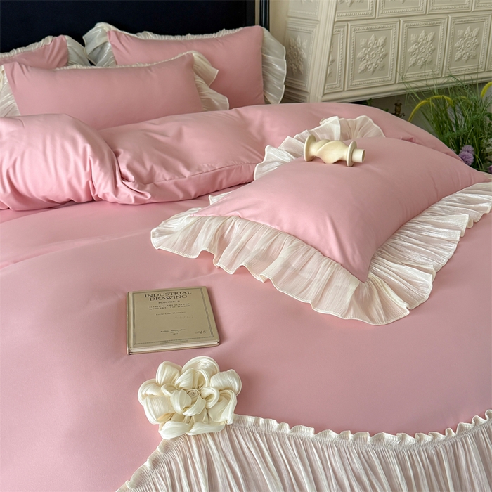 91家纺网 家纺一手货源 找家纺 富盛家纺 2026新款水洗亲肤棉雪纺蕾丝法式床裙韩版四件套 自由女神—豆沙