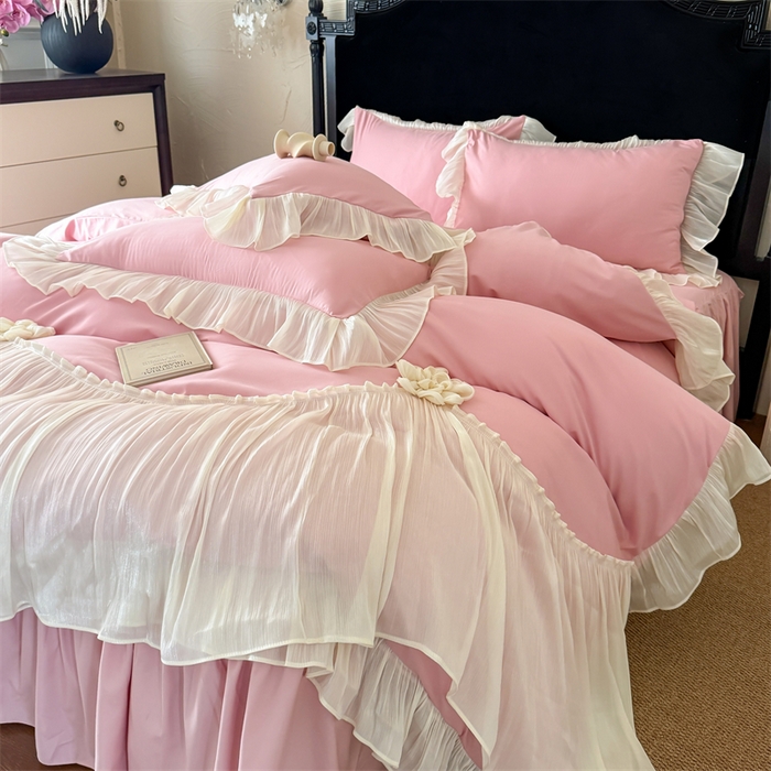 91家纺网 家纺一手货源 找家纺 富盛家纺 2026新款水洗亲肤棉雪纺蕾丝法式床裙韩版四件套 自由女神—豆沙