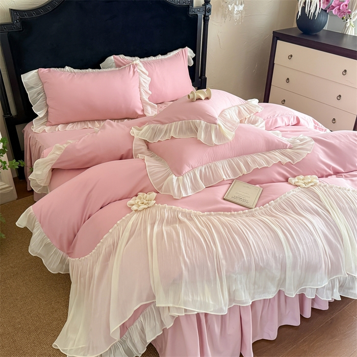 富盛家纺 2026新款水洗亲肤棉雪纺蕾丝法式床裙韩版四件套 自由女神—豆沙