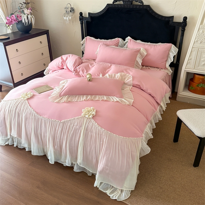 91家纺网 家纺一手货源 找家纺 富盛家纺 2026新款水洗亲肤棉雪纺蕾丝法式床裙韩版四件套 自由女神—豆沙