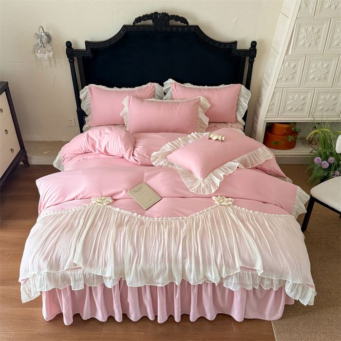 91家纺网 家纺一手货源 找家纺 富盛家纺 2026新款水洗亲肤棉雪纺蕾丝法式床裙韩版四件套 自由女神—豆沙