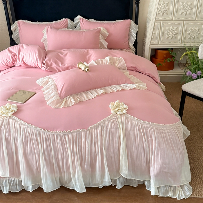 91家纺网 家纺一手货源 找家纺 富盛家纺 2026新款水洗亲肤棉雪纺蕾丝法式床裙韩版四件套 自由女神—豆沙